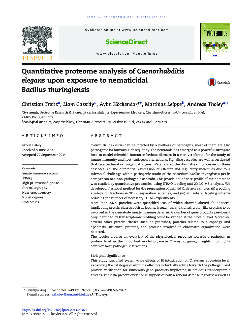 Quantitative proteome analysis of Caenorhabditis elegans upon exposure to nematicidal Bacillus thuringiensis