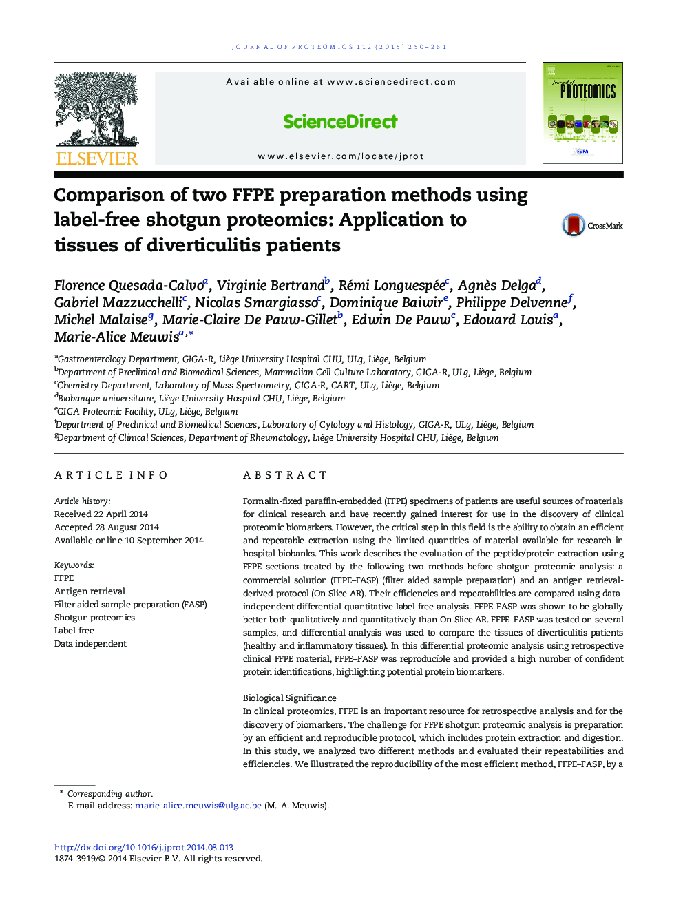 Comparison of two FFPE preparation methods using label-free shotgun proteomics: Application to tissues of diverticulitis patients