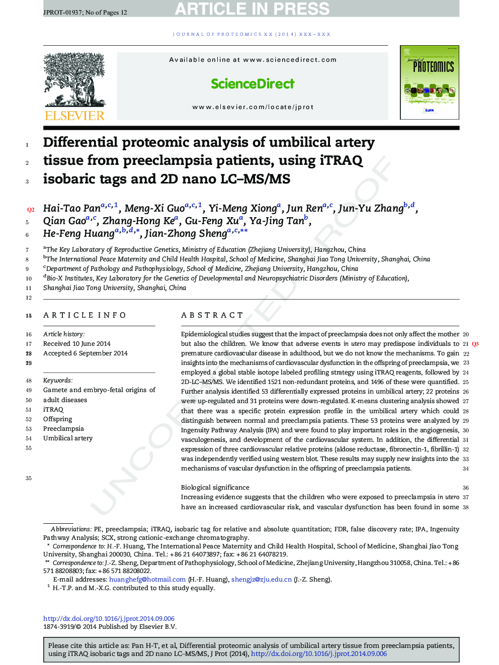 Differential proteomic analysis of umbilical artery tissue from preeclampsia patients, using iTRAQ isobaric tags and 2D nano LC-MS/MS