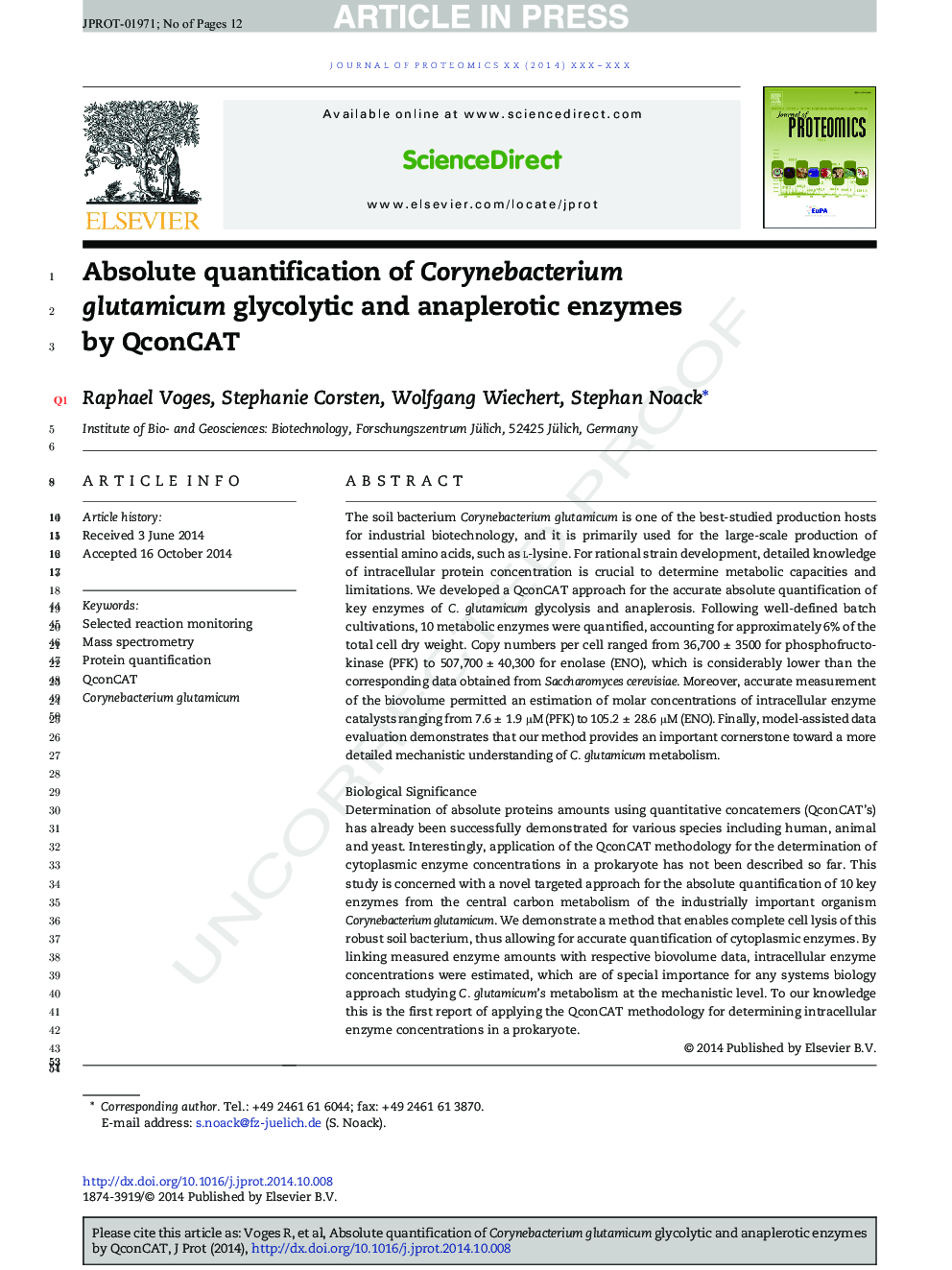 Absolute quantification of Corynebacterium glutamicum glycolytic and anaplerotic enzymes by QconCAT