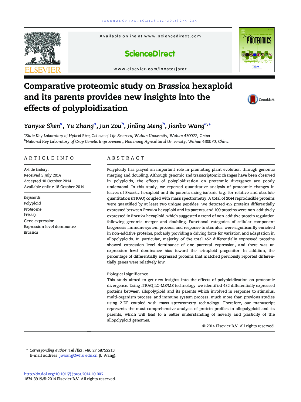 Comparative proteomic study on Brassica hexaploid and its parents provides new insights into the effects of polyploidization