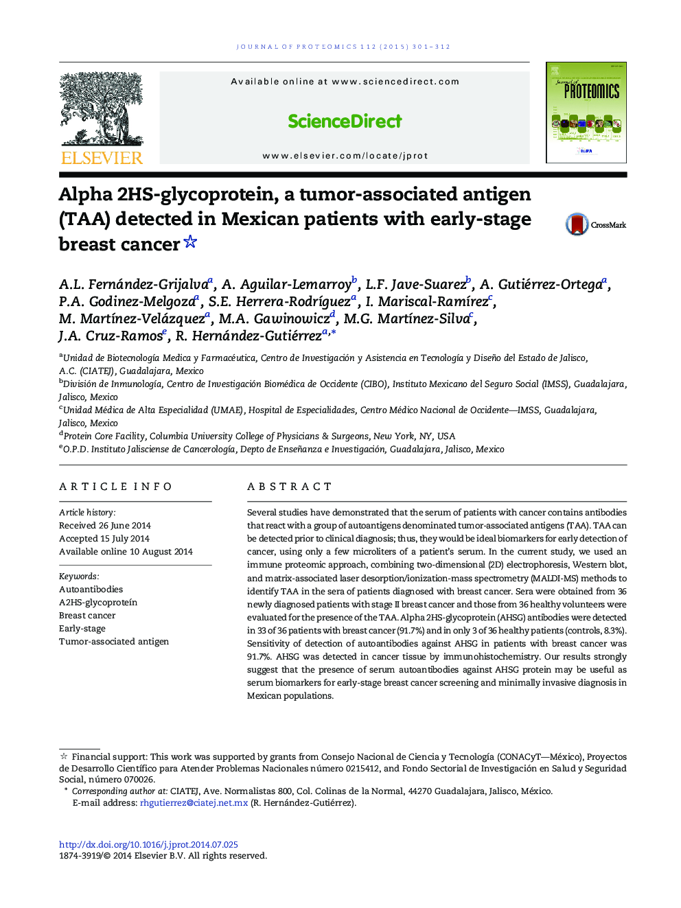 Alpha 2HS-glycoprotein, a tumor-associated antigen (TAA) detected in Mexican patients with early-stage breast cancer