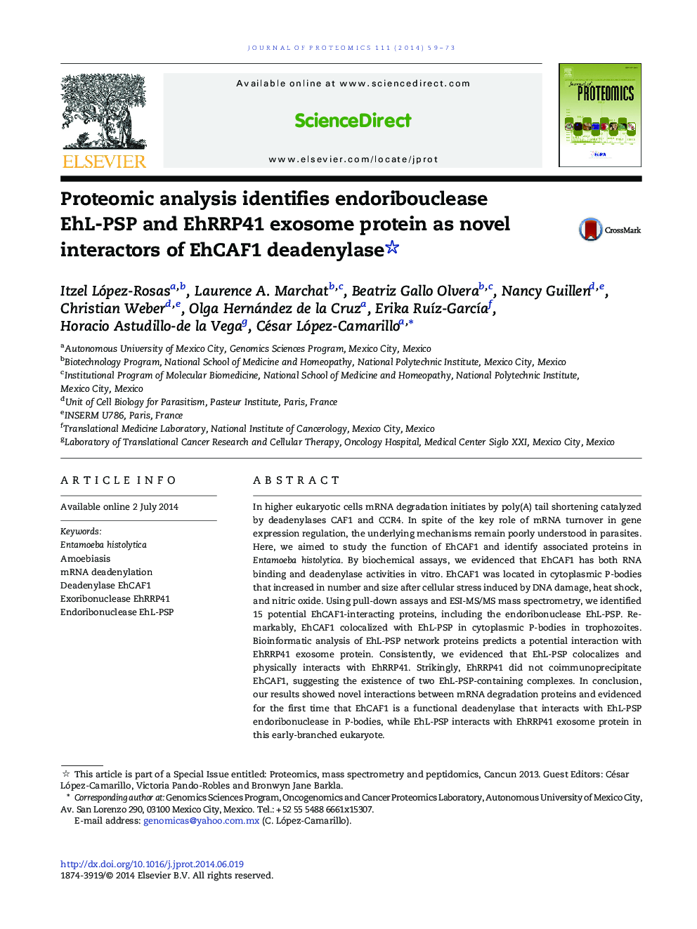 Proteomic analysis identifies endoribouclease EhL-PSP and EhRRP41 exosome protein as novel interactors of EhCAF1 deadenylase