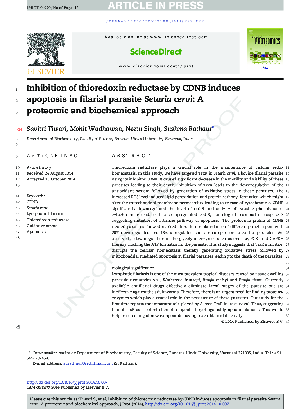 Effect of CDNB on filarial thioredoxin reductase : A proteomic and biochemical approach