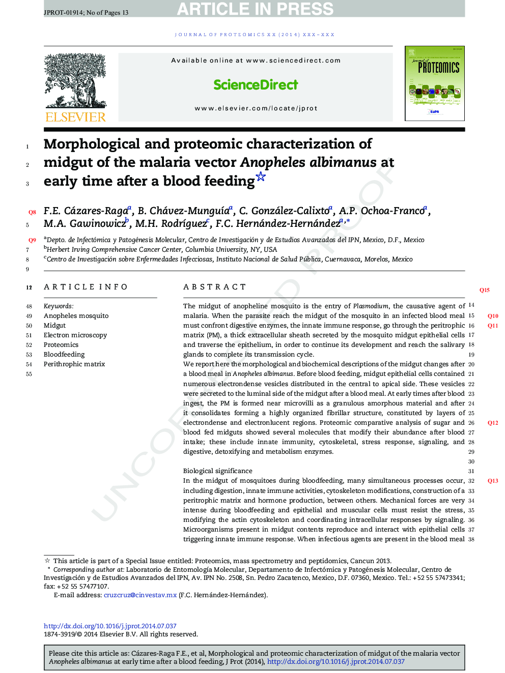 Morphological and proteomic characterization of midgut of the malaria vector Anopheles albimanus at early time after a blood feeding