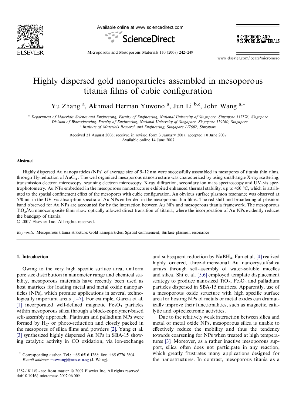 Highly dispersed gold nanoparticles assembled in mesoporous titania films of cubic configuration