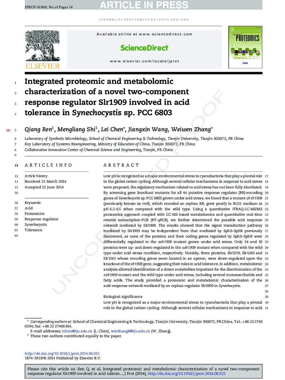 Integrated proteomic and metabolomic characterization of a novel two-component response regulator Slr1909 involved in acid tolerance in Synechocystis sp. PCC 6803