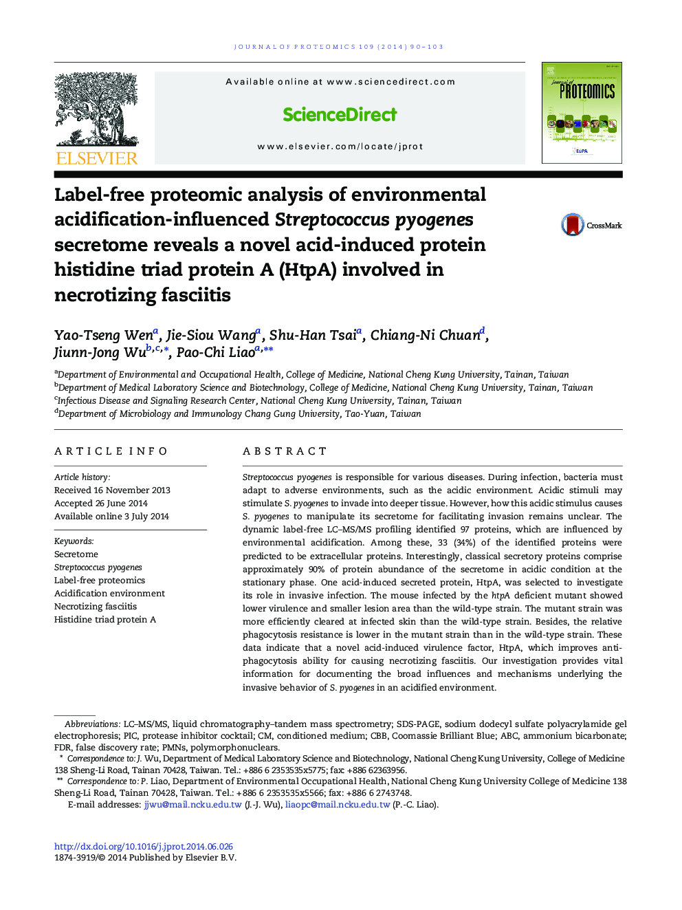 Label-free proteomic analysis of environmental acidification-influenced Streptococcus pyogenes secretome reveals a novel acid-induced protein histidine triad protein A (HtpA) involved in necrotizing fasciitis