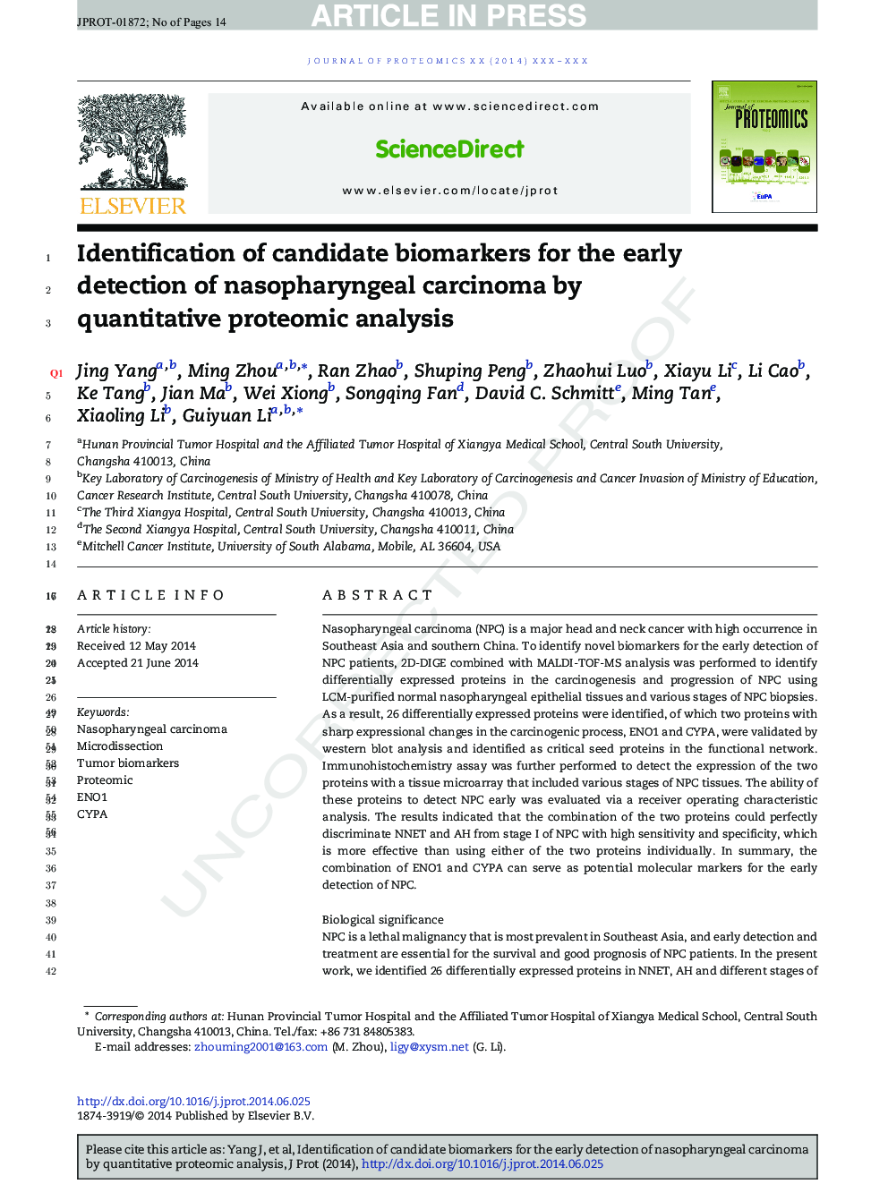 Identification of candidate biomarkers for the early detection of nasopharyngeal carcinoma by quantitative proteomic analysis