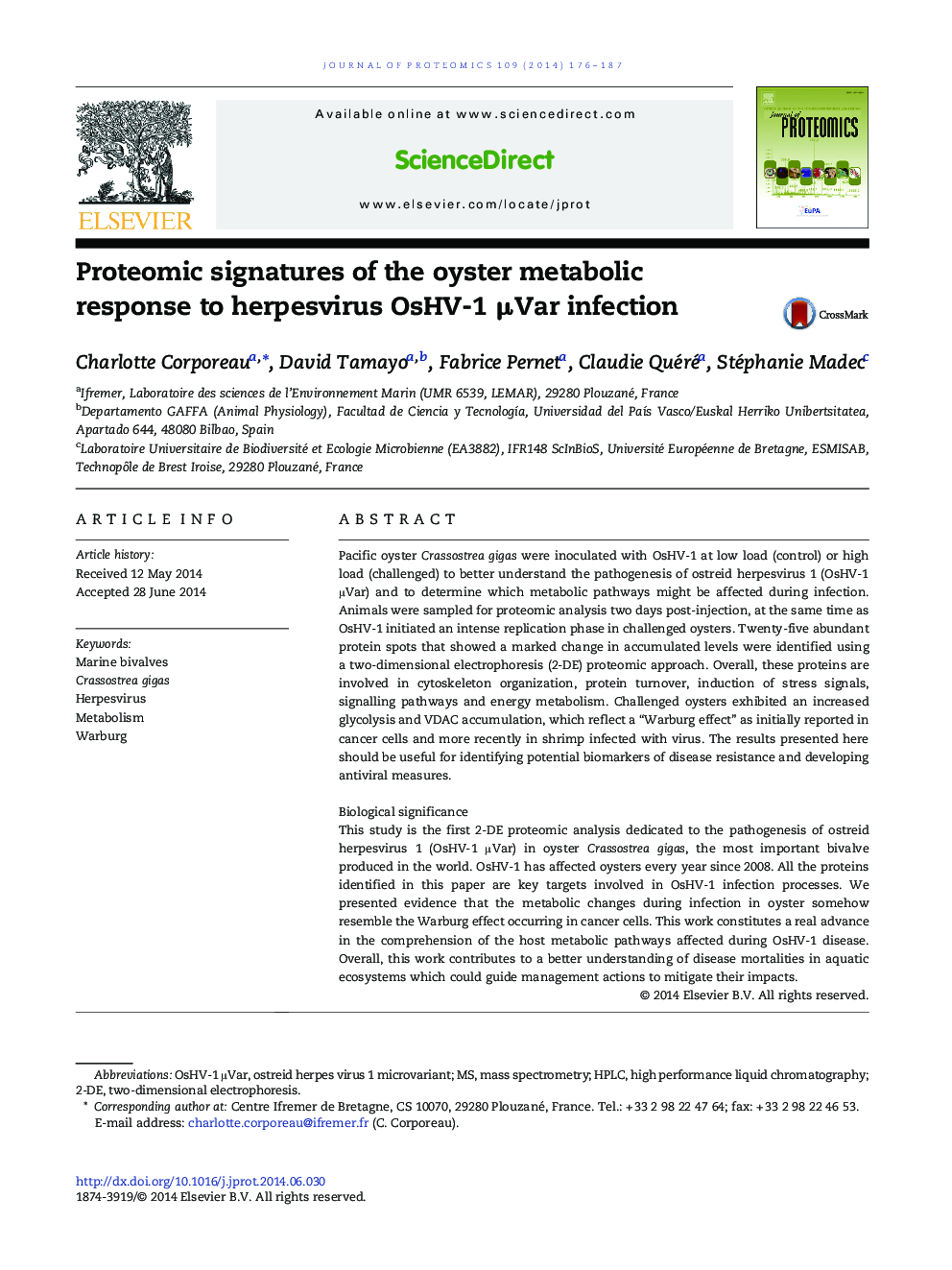 Proteomic signatures of the oyster metabolic response to herpesvirus OsHV-1 Î¼Var infection