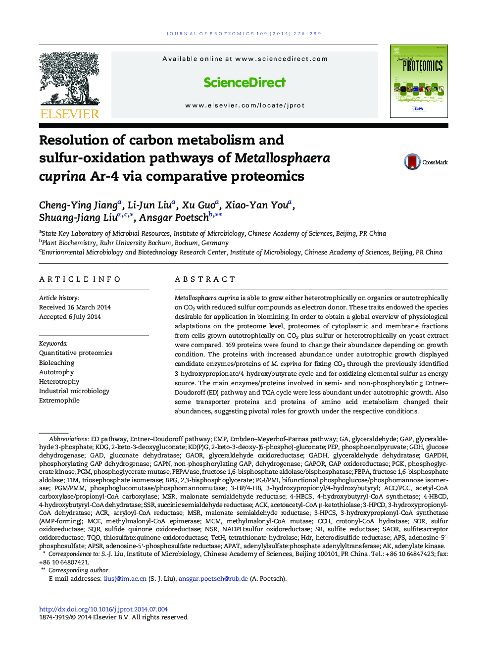 Resolution of carbon metabolism and sulfur-oxidation pathways of Metallosphaera cuprina Ar-4 via comparative proteomics