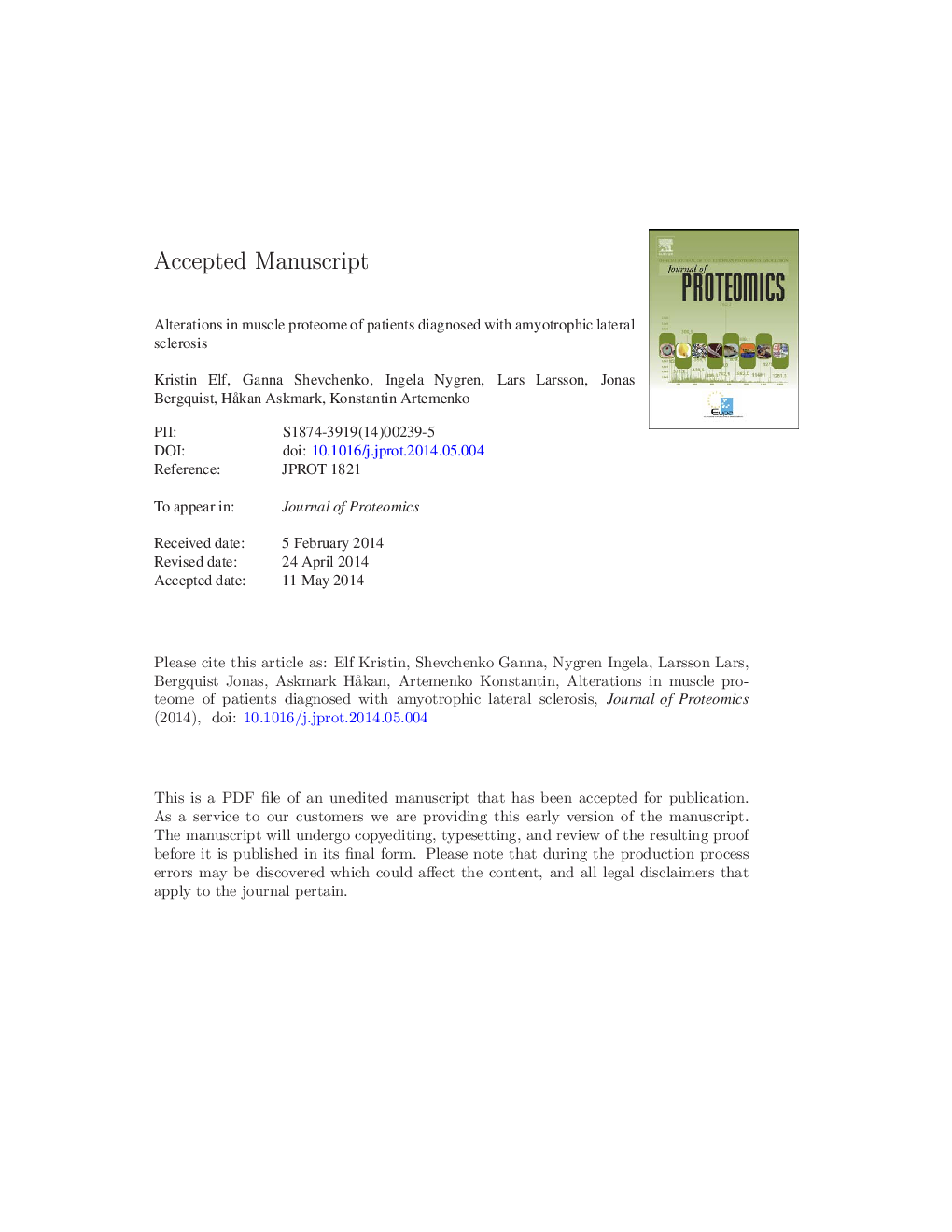 Alterations in muscle proteome of patients diagnosed with amyotrophic lateral sclerosis