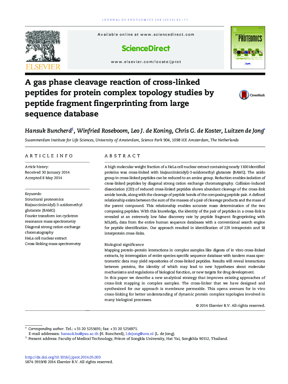 A gas phase cleavage reaction of cross-linked peptides for protein complex topology studies by peptide fragment fingerprinting from large sequence database