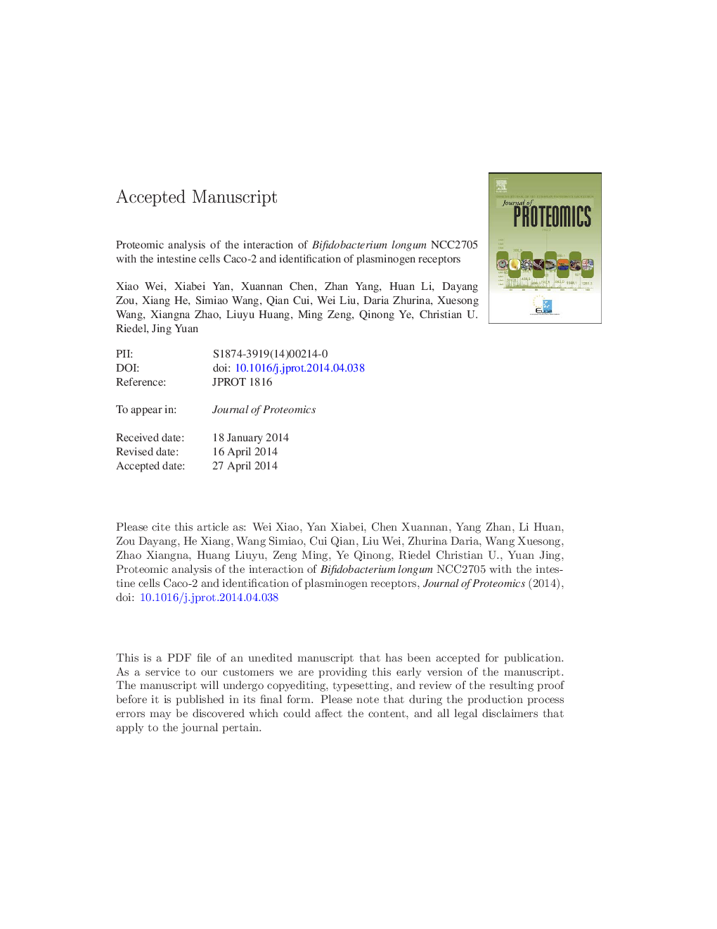 عکس صفحه اول مقاله: Proteomic analysis of the interaction of Bifidobacterium longum NCC2705 with the intestine cells Caco-2 and identification of plasminogen receptors Proteomic analysis of the interaction of Bifidobacterium longum NCC2705 with the intestine cells Caco-2 and identification of plasminogen receptors