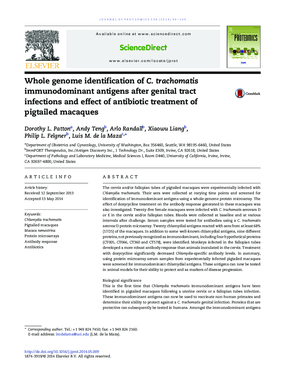 Whole genome identification of C. trachomatis immunodominant antigens after genital tract infections and effect of antibiotic treatment of pigtailed macaques