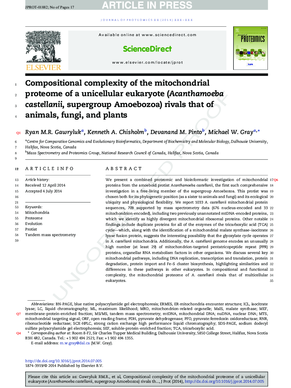 Compositional complexity of the mitochondrial proteome of a unicellular eukaryote (Acanthamoeba castellanii, supergroup Amoebozoa) rivals that of animals, fungi, and plants