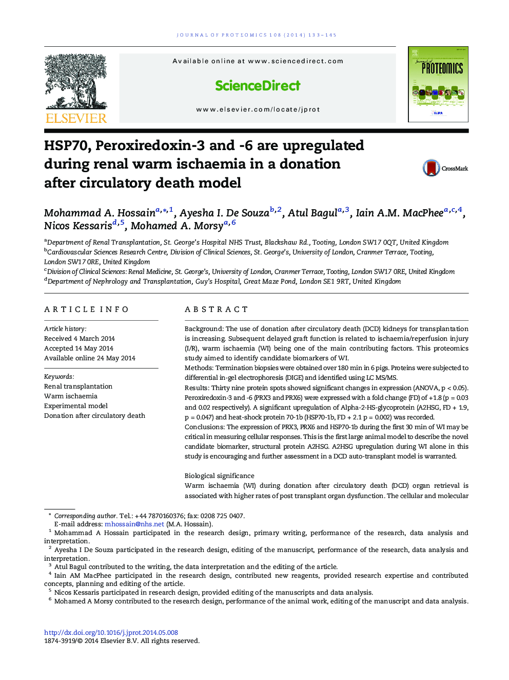 HSP70, Peroxiredoxin-3 and -6 are upregulated during renal warm ischaemia in a donation after circulatory death model