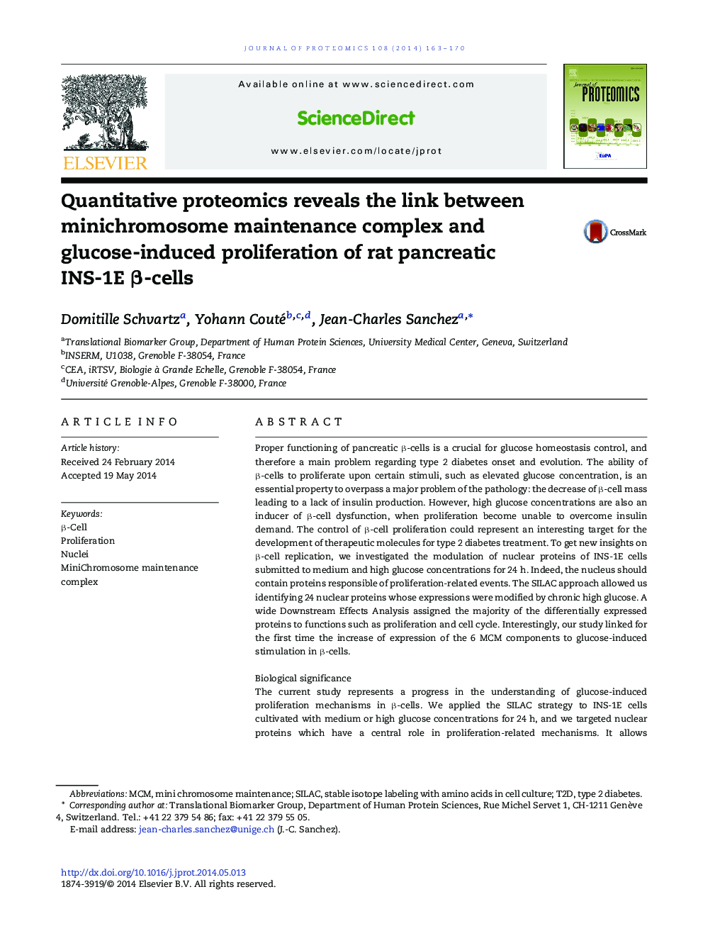 Quantitative proteomics reveals the link between minichromosome maintenance complex and glucose-induced proliferation of rat pancreatic INS-1E Î²-cells