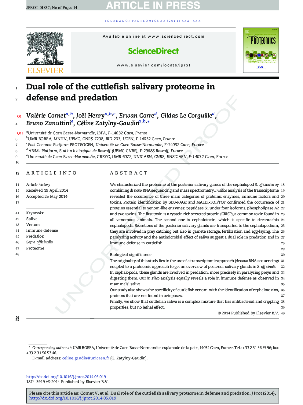 Dual role of the cuttlefish salivary proteome in defense and predation