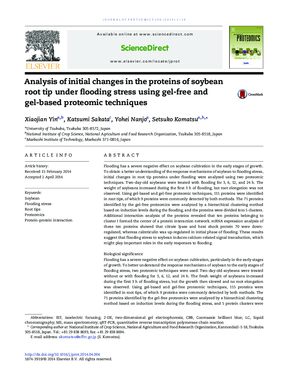 Analysis of initial changes in the proteins of soybean root tip under flooding stress using gel-free and gel-based proteomic techniques