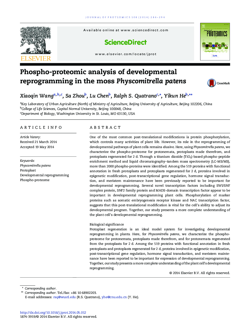 Phospho-proteomic analysis of developmental reprogramming in the moss Physcomitrella patens