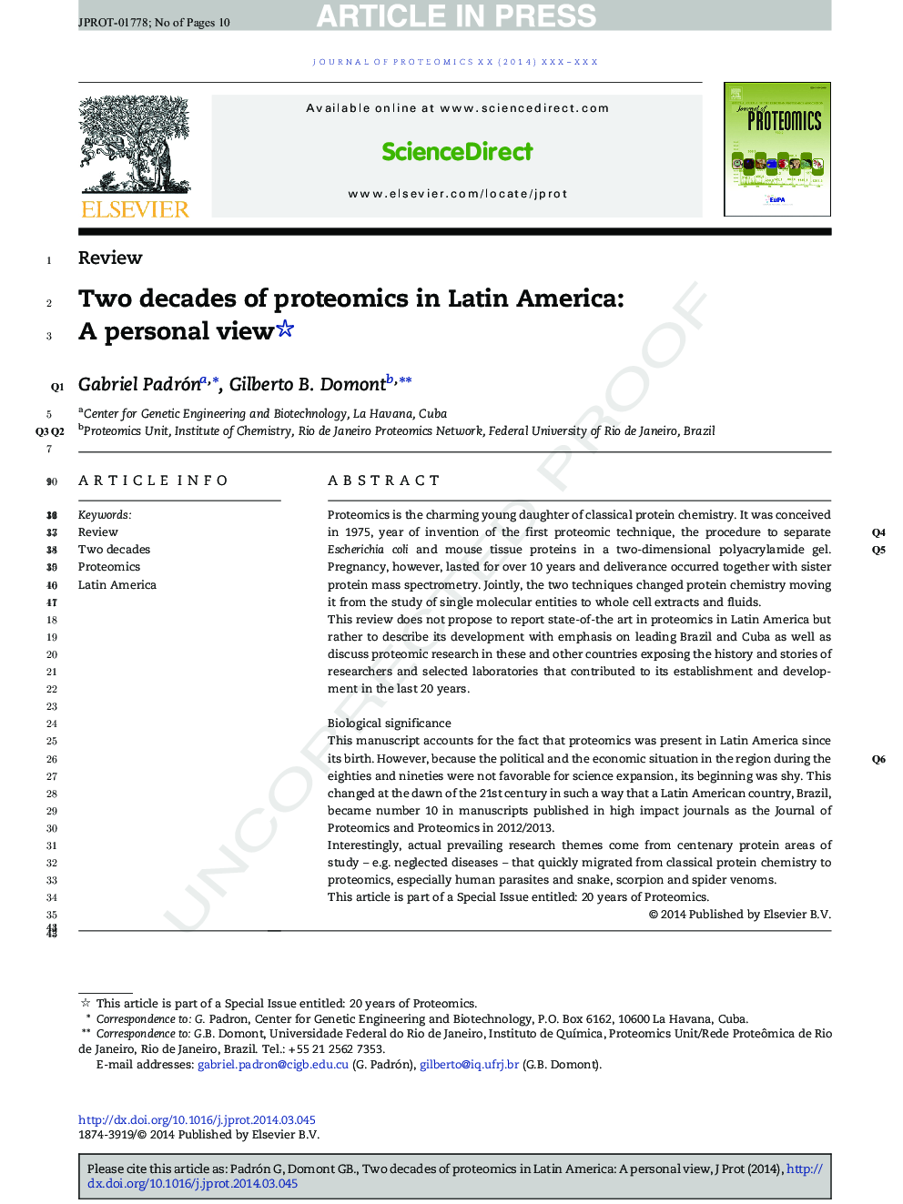 Two decades of proteomics in Latin America: A personal view