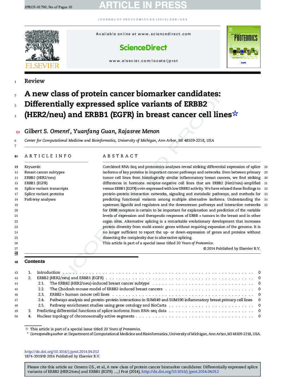 A new class of protein cancer biomarker candidates: Differentially expressed splice variants of ERBB2 (HER2/neu) and ERBB1 (EGFR) in breast cancer cell lines