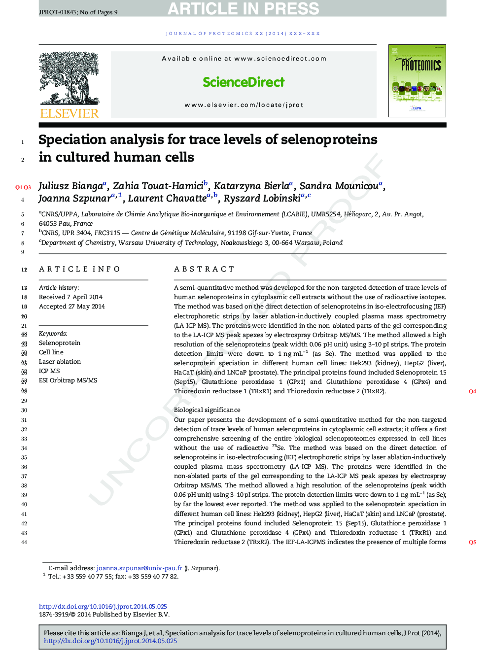 تجزیه و تحلیل ویژه برای سطوح ریز سلنوپروتئین ها در سلول های کشت شده انسان 