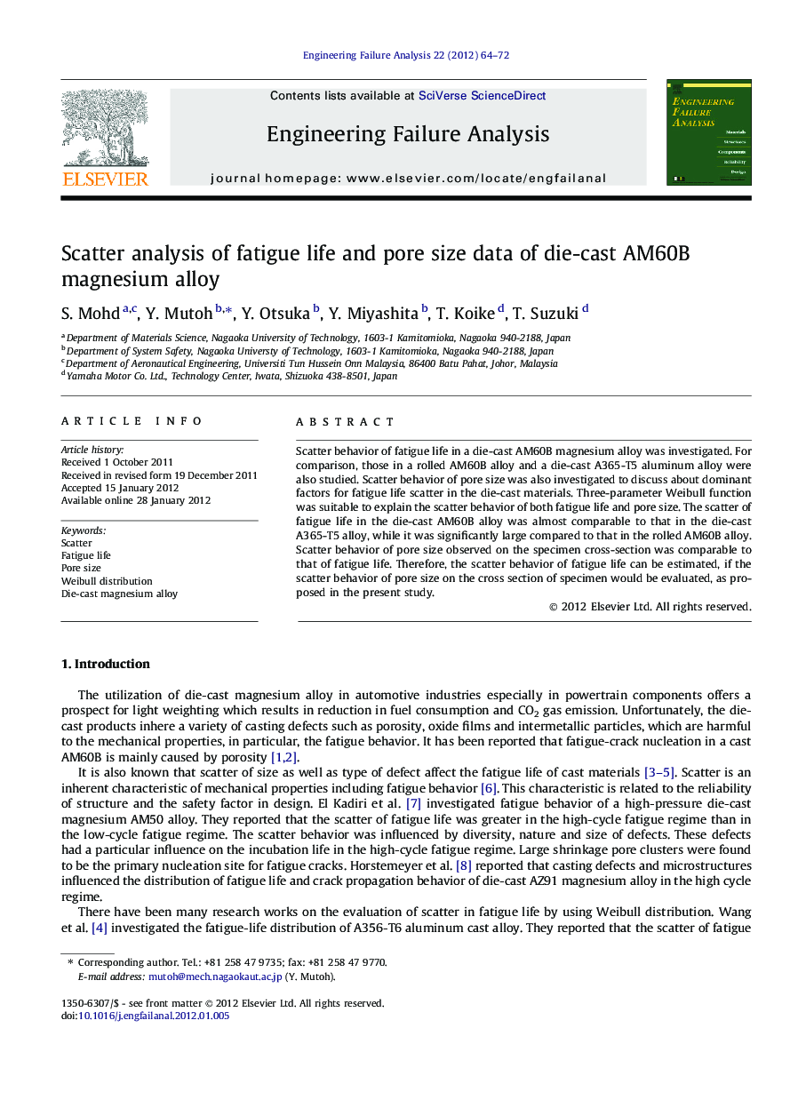 Scatter analysis of fatigue life and pore size data of die-cast AM60B magnesium alloy