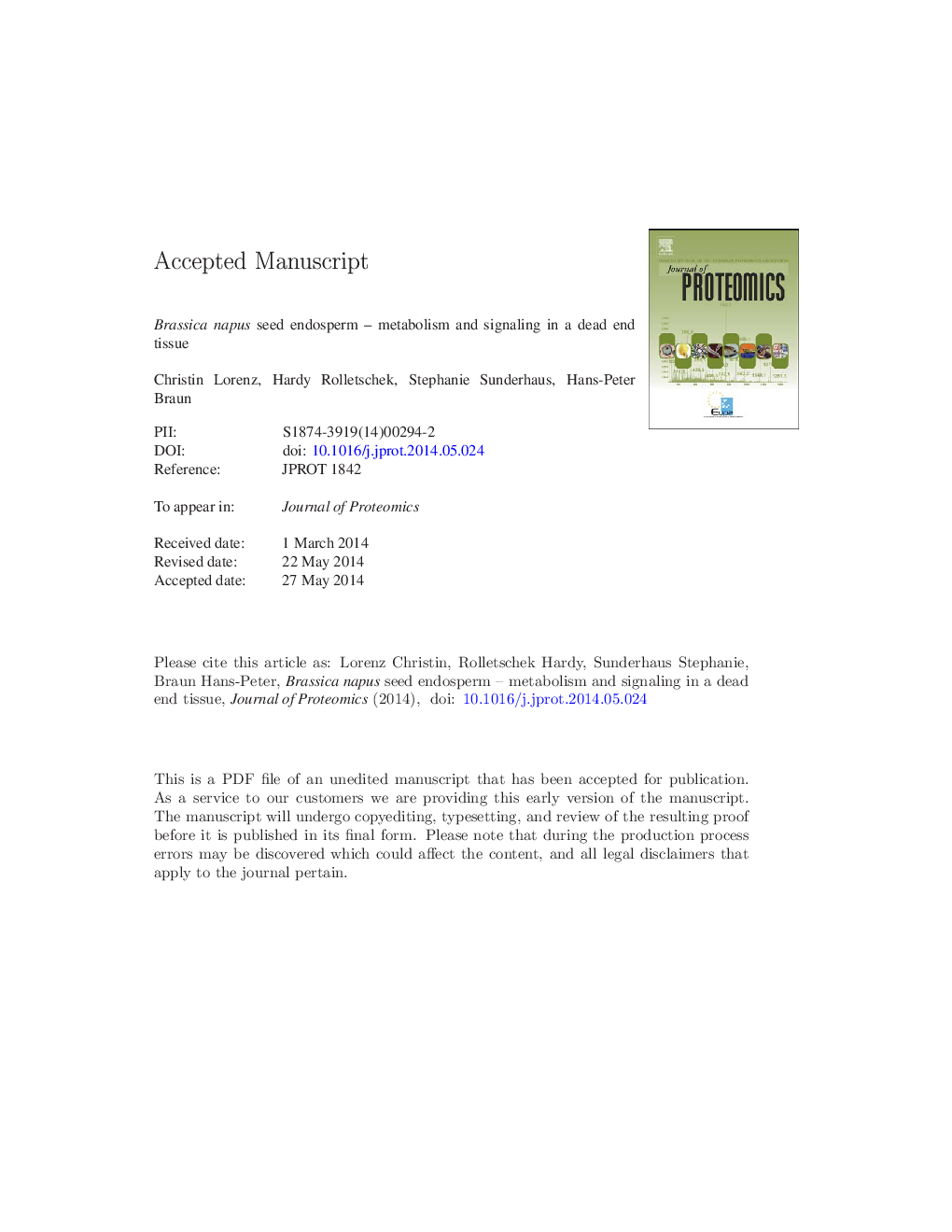عکس صفحه اول مقاله: Brassica napus seed endosperm - Metabolism and signaling in a dead end tissue Brassica napus seed endosperm - Metabolism and signaling in a dead end tissue