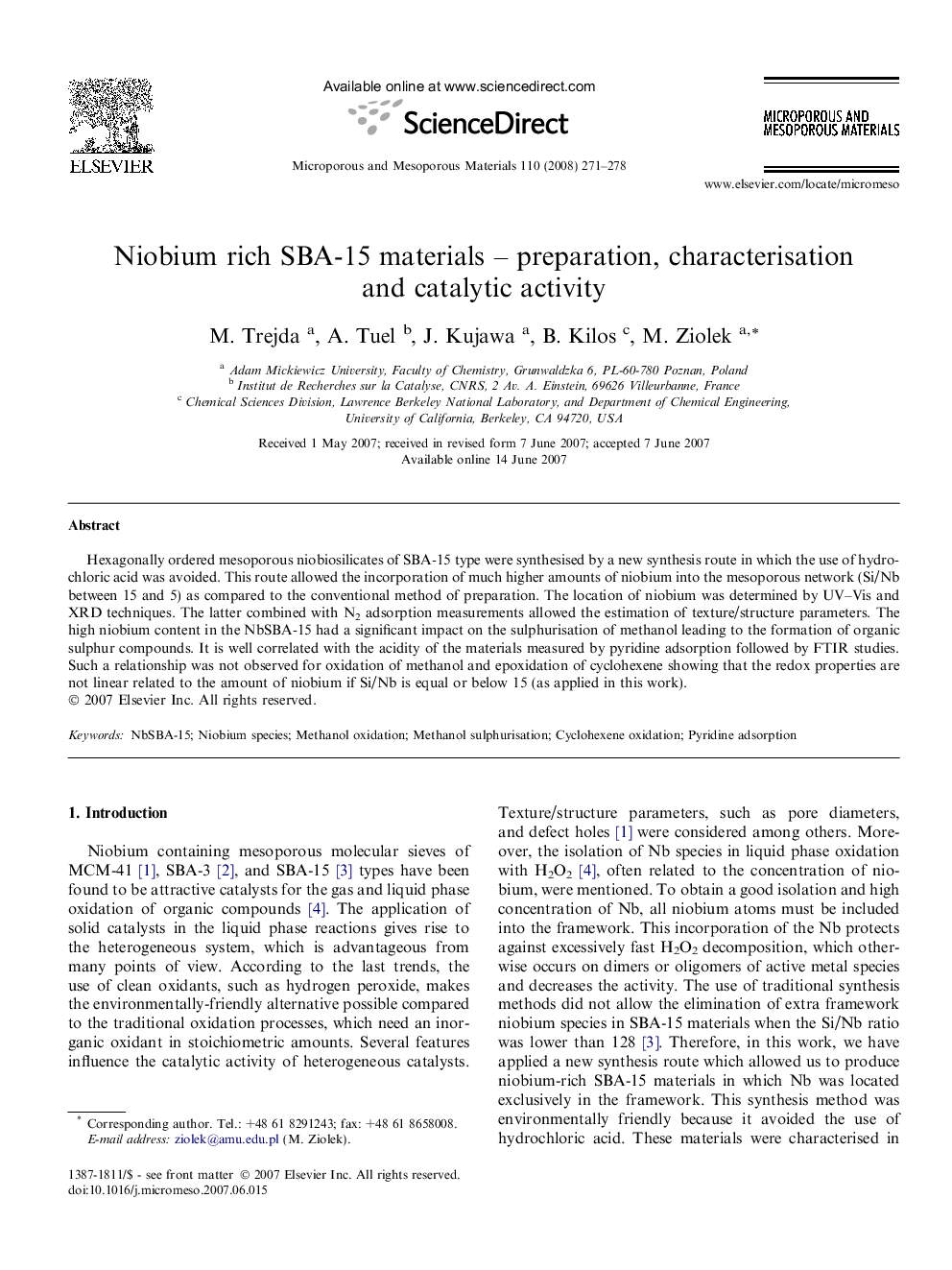 Niobium rich SBA-15 materials – preparation, characterisation and catalytic activity