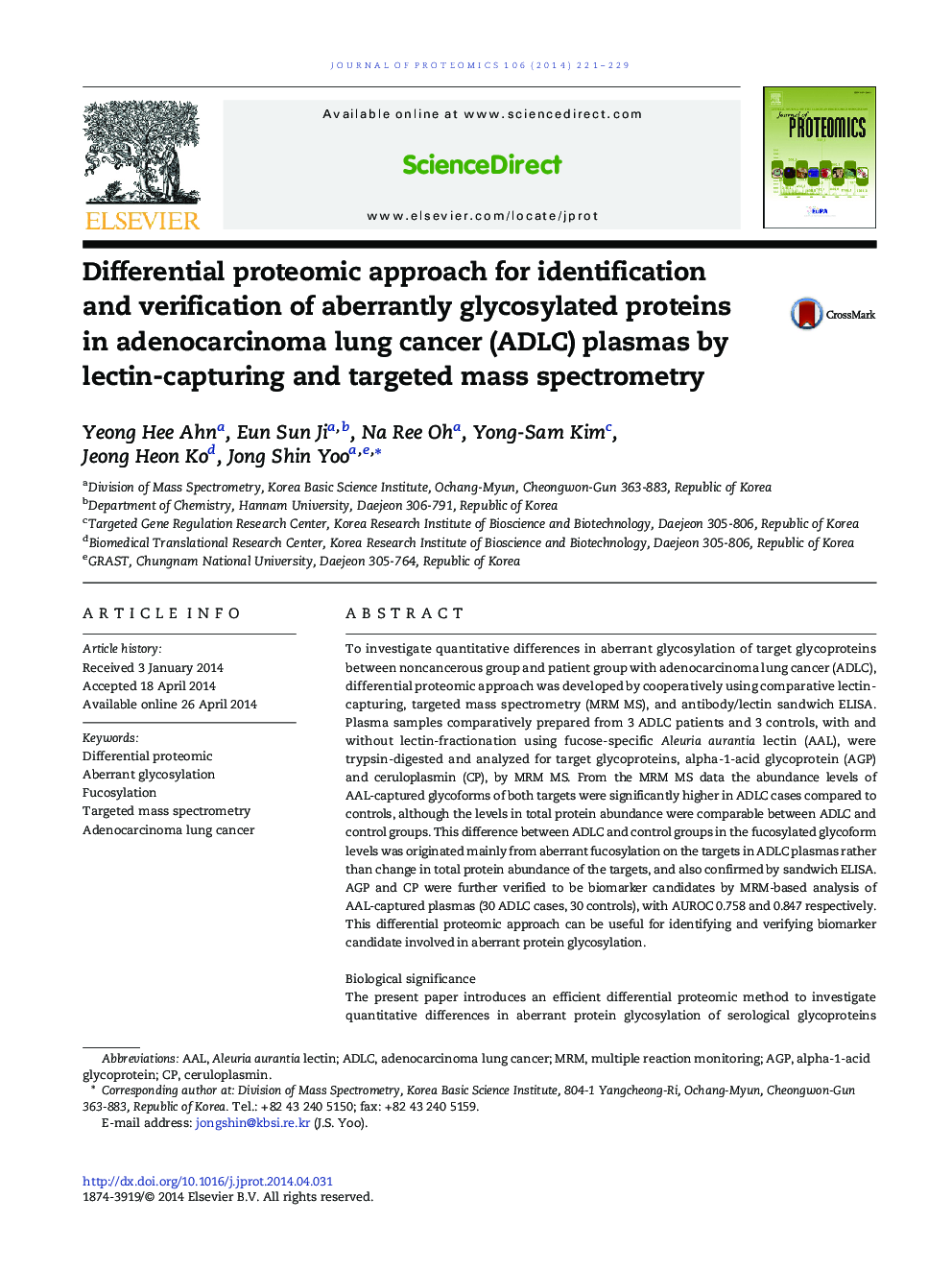 Differential proteomic approach for identification and verification of aberrantly glycosylated proteins in adenocarcinoma lung cancer (ADLC) plasmas by lectin-capturing and targeted mass spectrometry