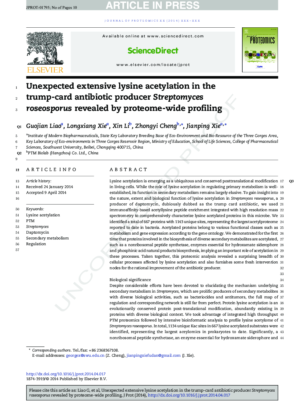 Unexpected extensive lysine acetylation in the trump-card antibiotic producer Streptomyces roseosporus revealed by proteome-wide profiling