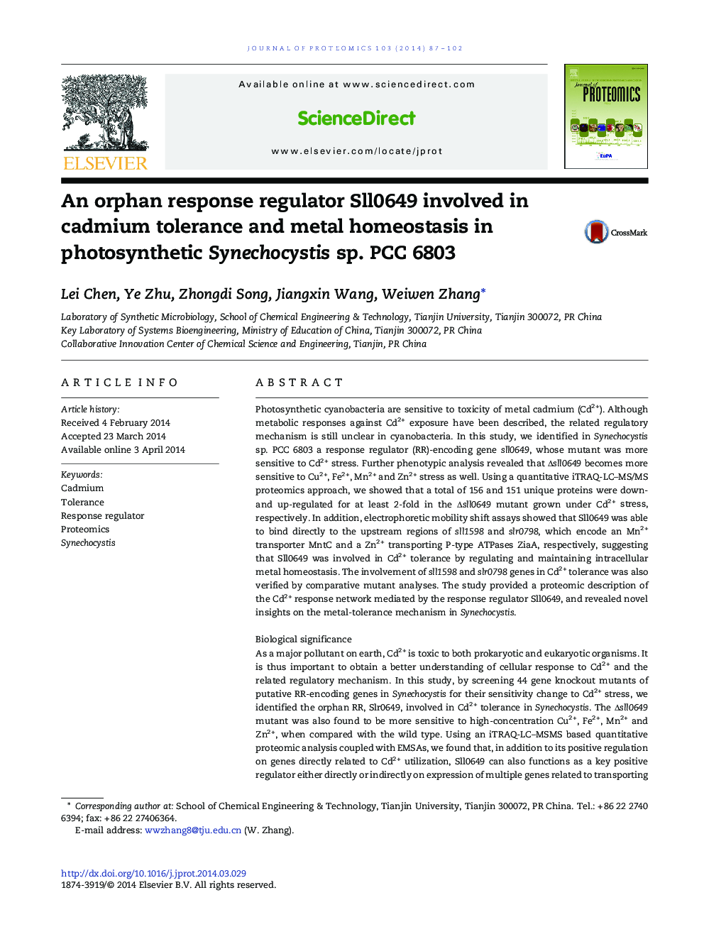 An orphan response regulator Sll0649 involved in cadmium tolerance and metal homeostasis in photosynthetic Synechocystis sp. PCC 6803