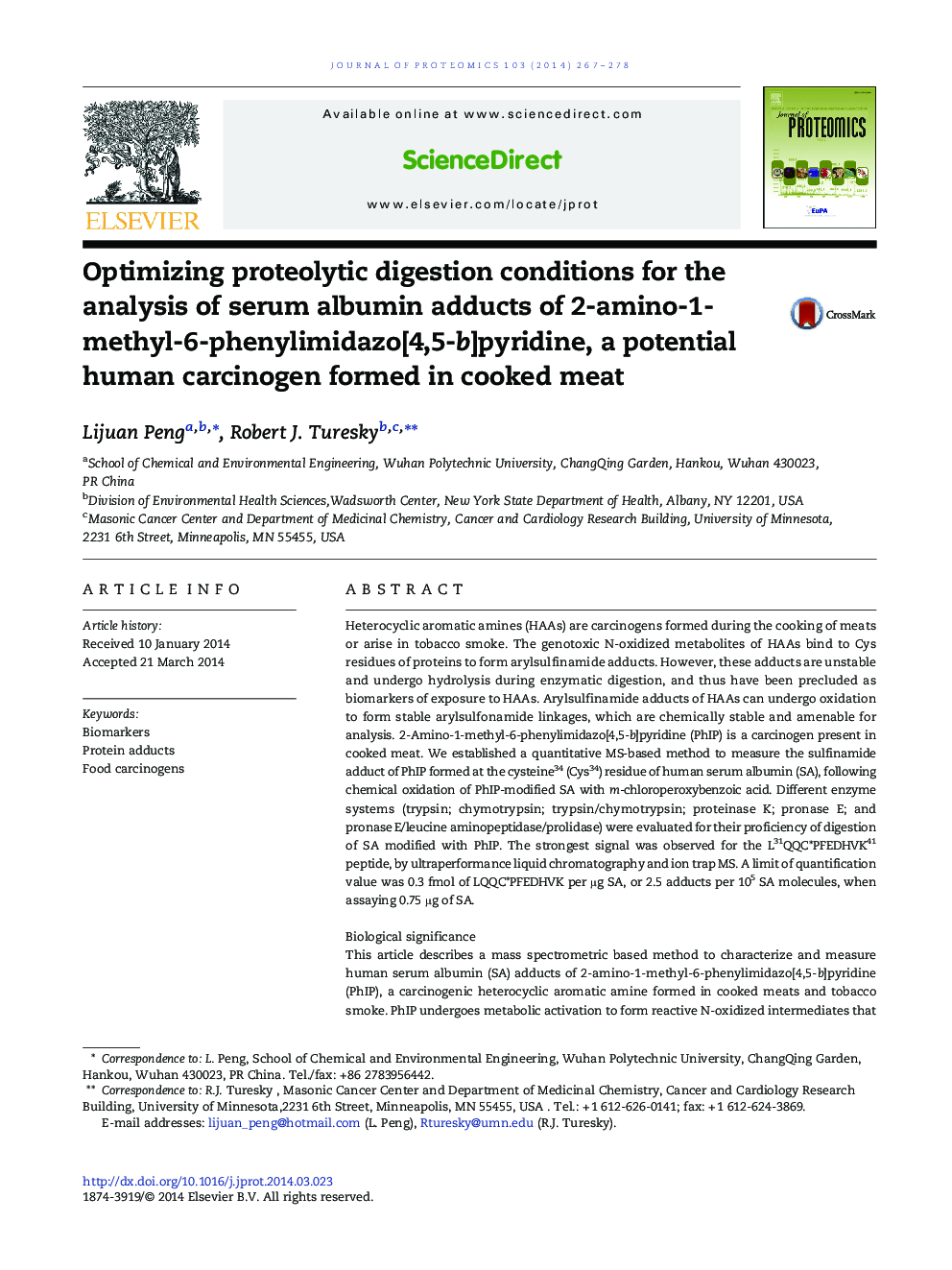 Optimizing proteolytic digestion conditions for the analysis of serum albumin adducts of 2-amino-1-methyl-6-phenylimidazo[4,5-b]pyridine, a potential human carcinogen formed in cooked meat