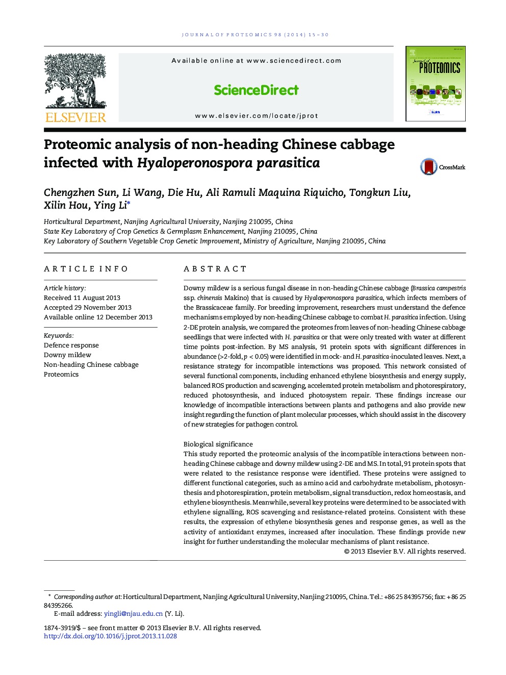 Proteomic analysis of non-heading Chinese cabbage infected with Hyaloperonospora parasitica