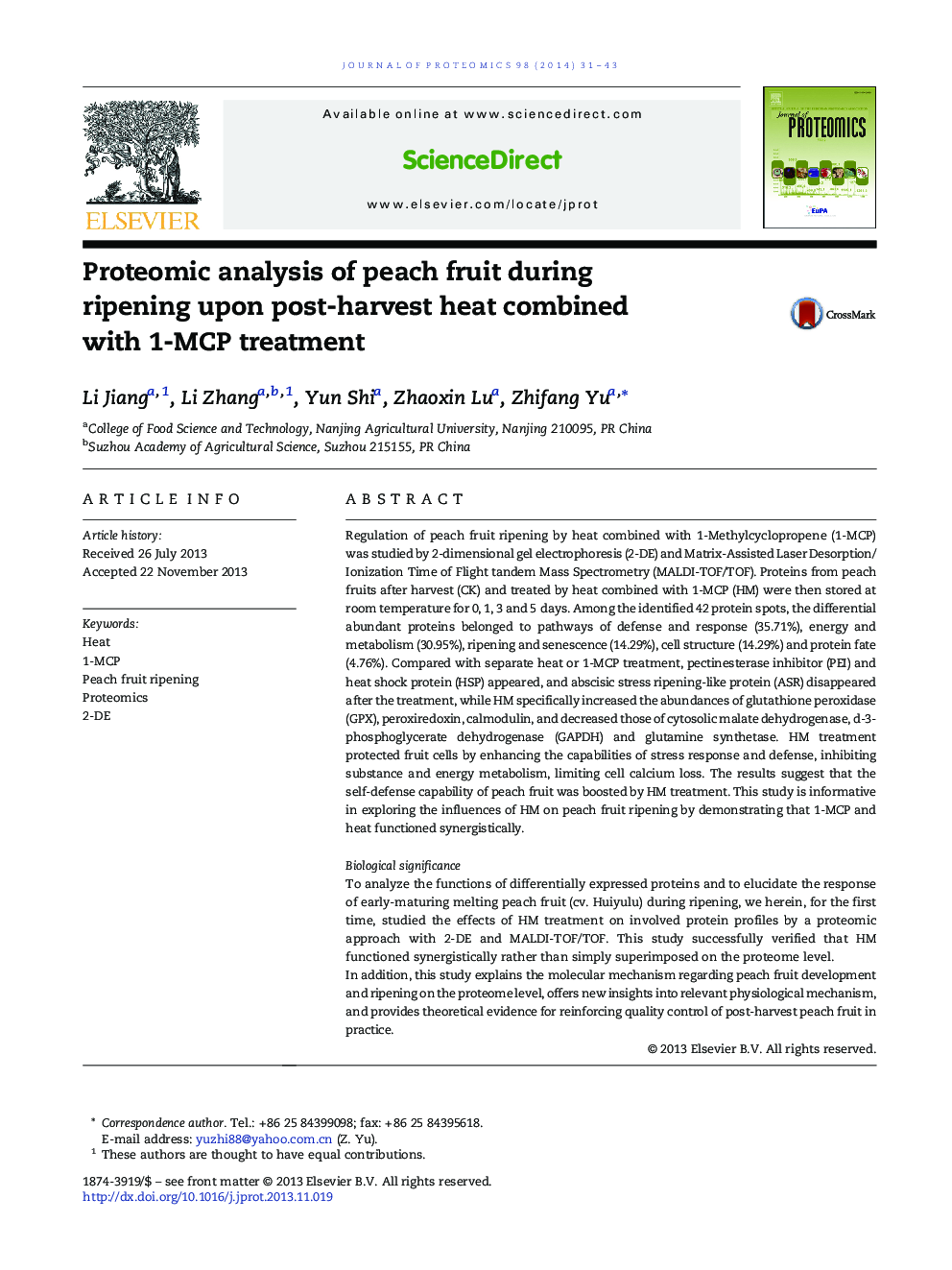 Proteomic analysis of peach fruit during ripening upon post-harvest heat combined with 1-MCP treatment