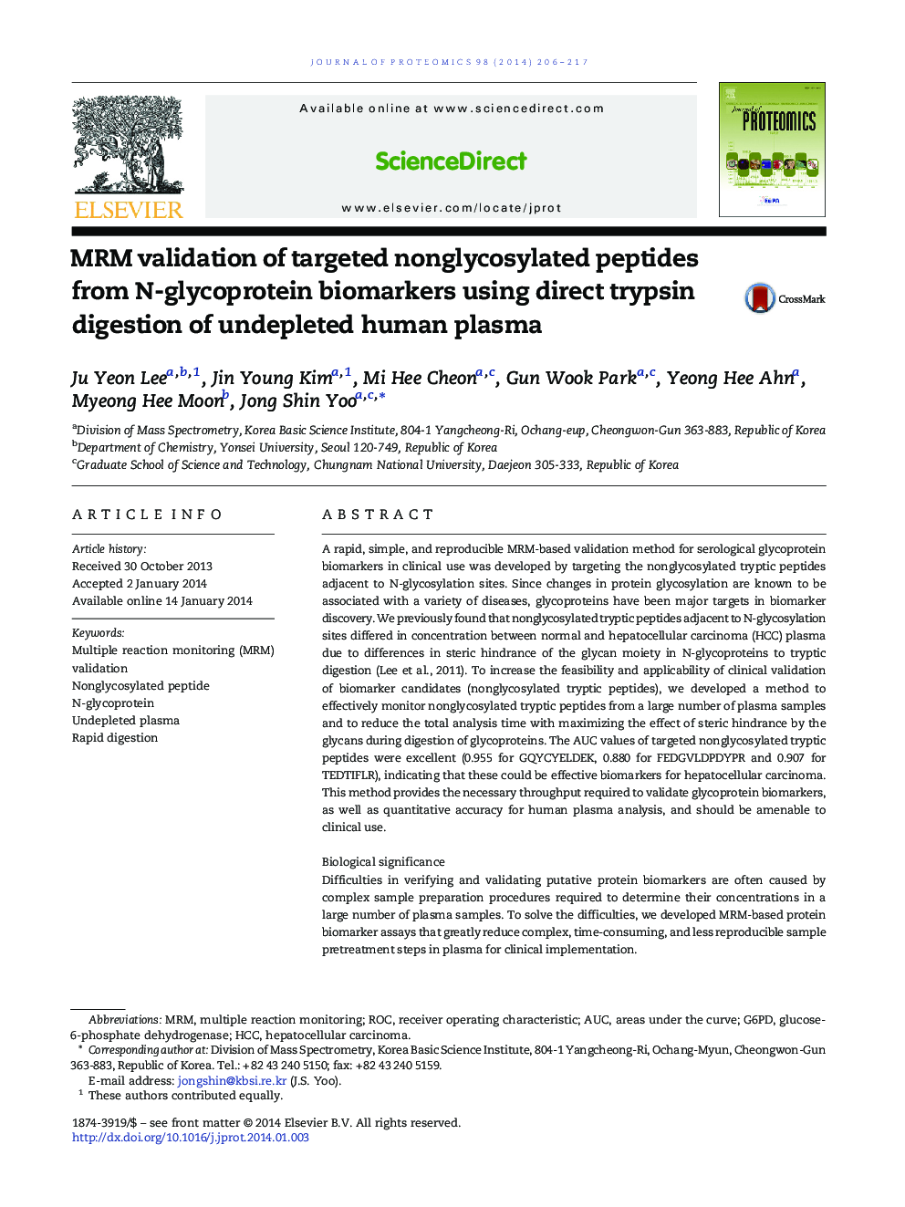 MRM validation of targeted nonglycosylated peptides from N-glycoprotein biomarkers using direct trypsin digestion of undepleted human plasma