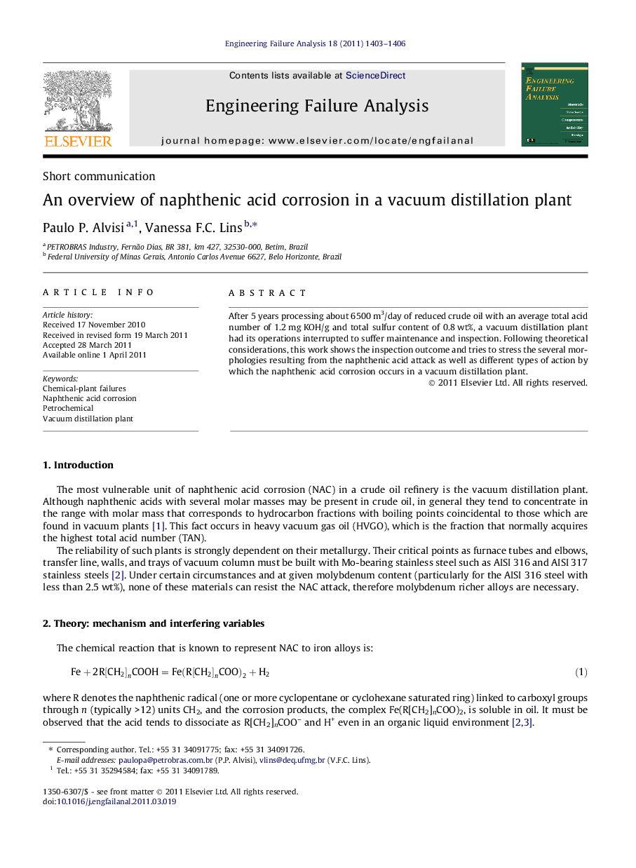 An overview of naphthenic acid corrosion in a vacuum distillation plant