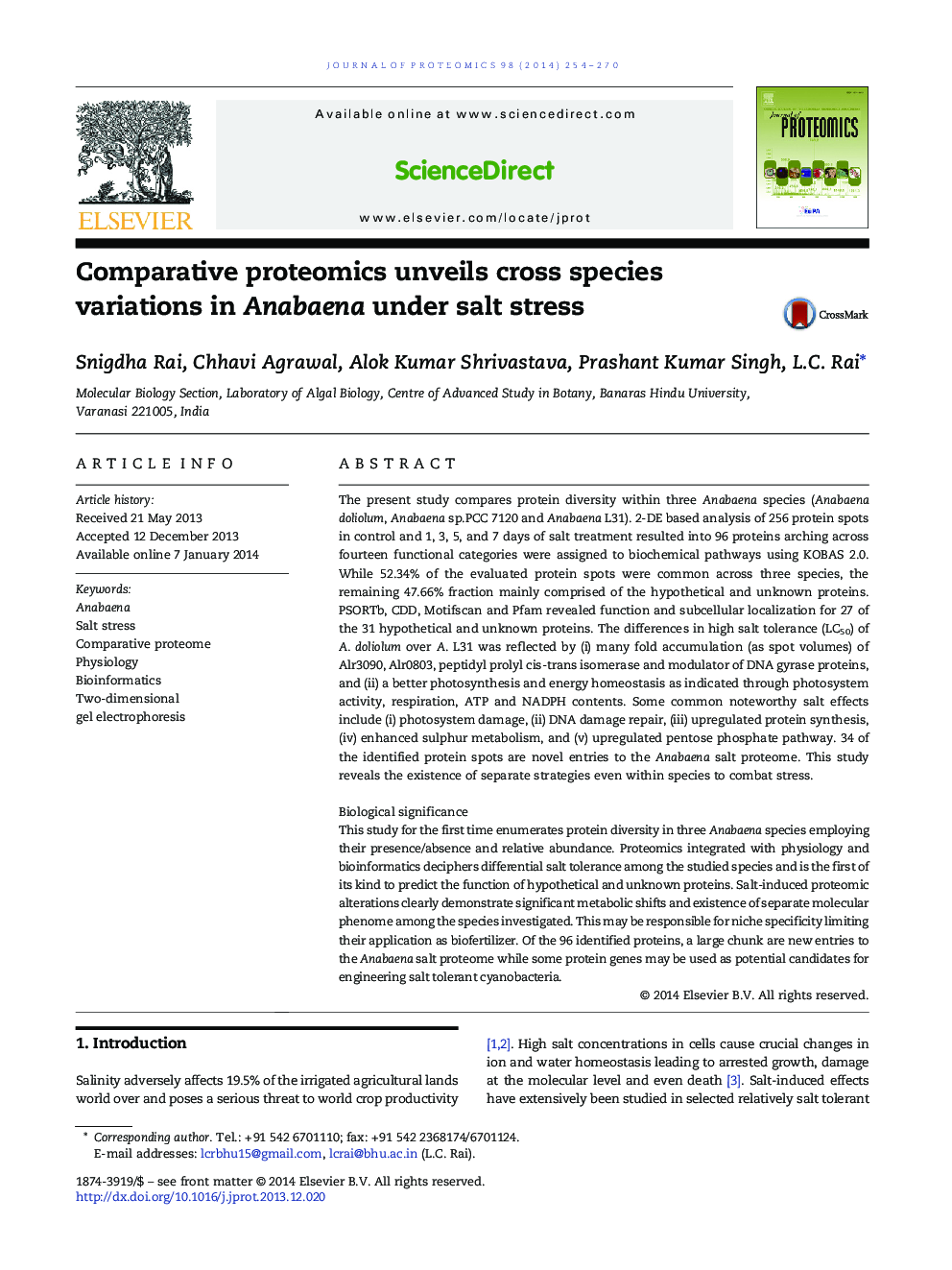 Comparative proteomics unveils cross species variations in Anabaena under salt stress