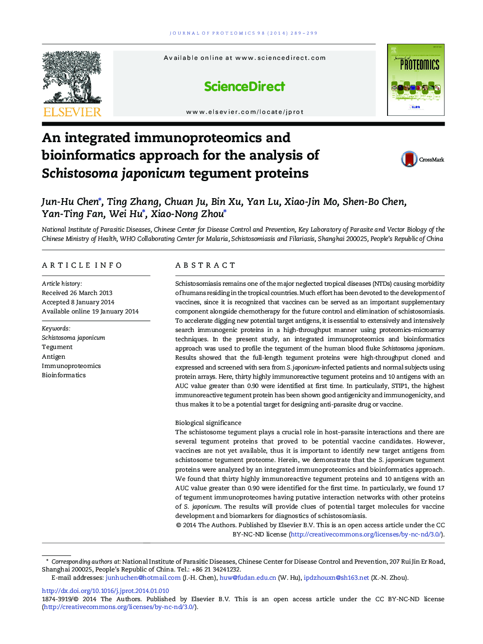 An integrated immunoproteomics and bioinformatics approach for the analysis of Schistosoma japonicum tegument proteins