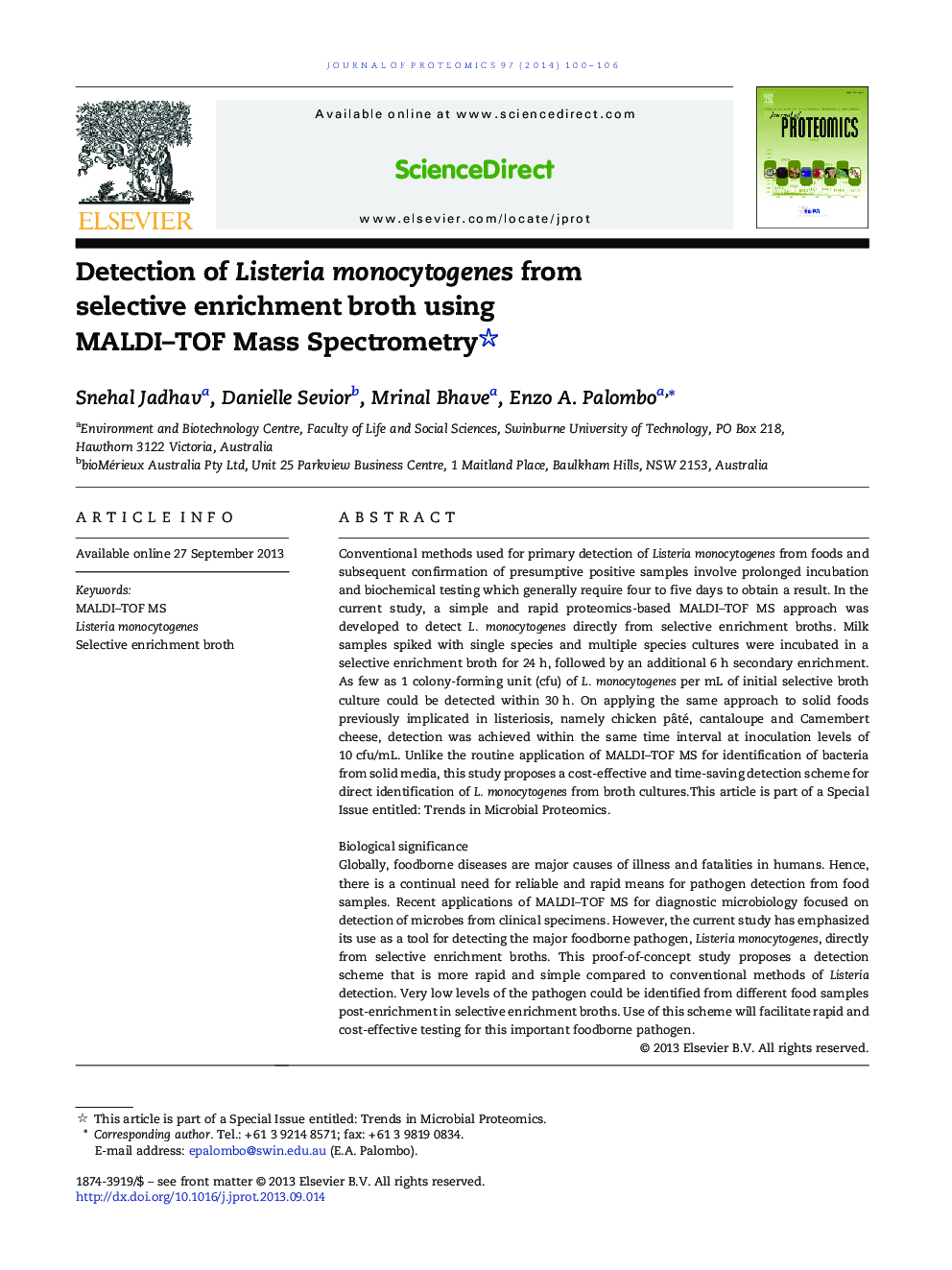 Detection of Listeria monocytogenes from selective enrichment broth using MALDI-TOF Mass Spectrometry