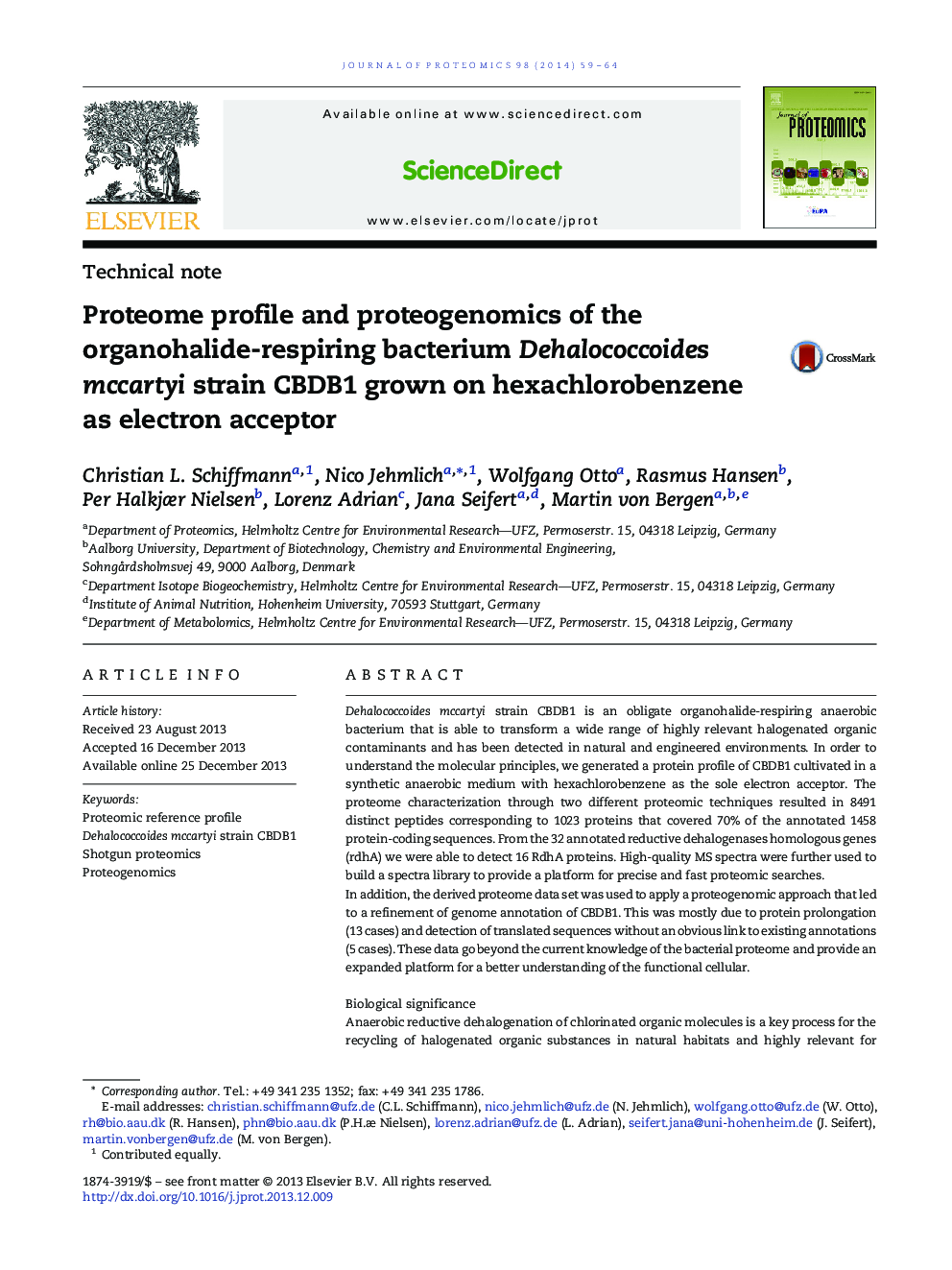 Proteome profile and proteogenomics of the organohalide-respiring bacterium Dehalococcoides mccartyi strain CBDB1 grown on hexachlorobenzene as electron acceptor