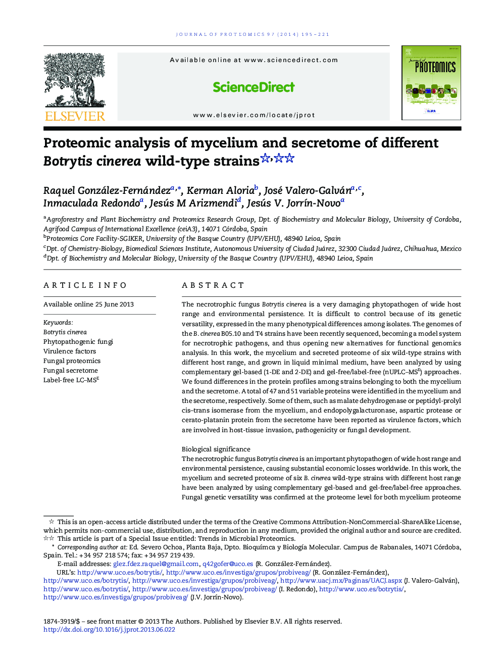 Proteomic analysis of mycelium and secretome of different Botrytis cinerea wild-type strains