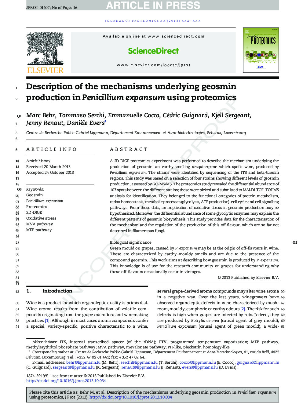 Description of the mechanisms underlying geosmin production in Penicillium expansum using proteomics