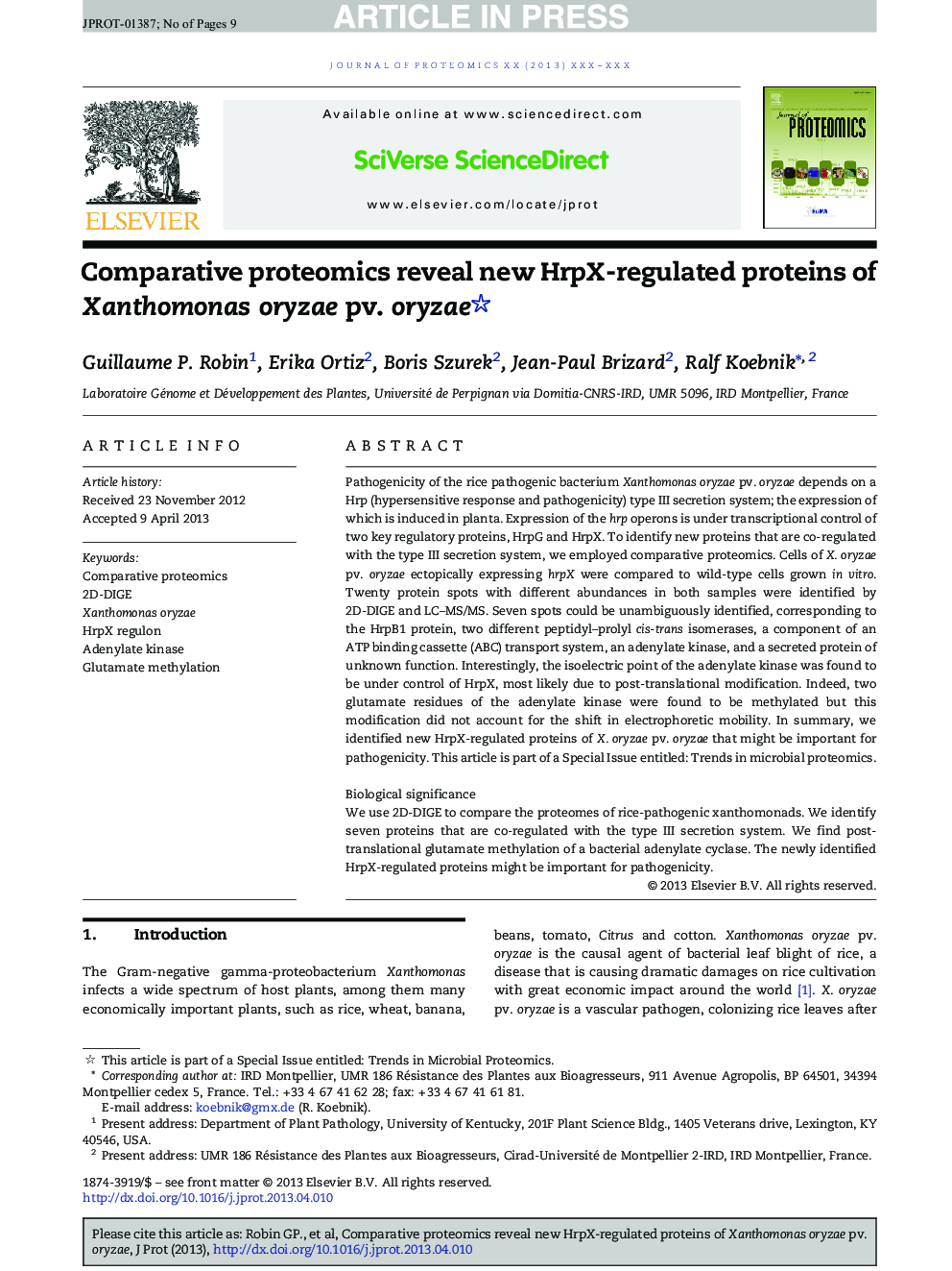 Comparative proteomics reveal new HrpX-regulated proteins of Xanthomonas oryzae pv. oryzae