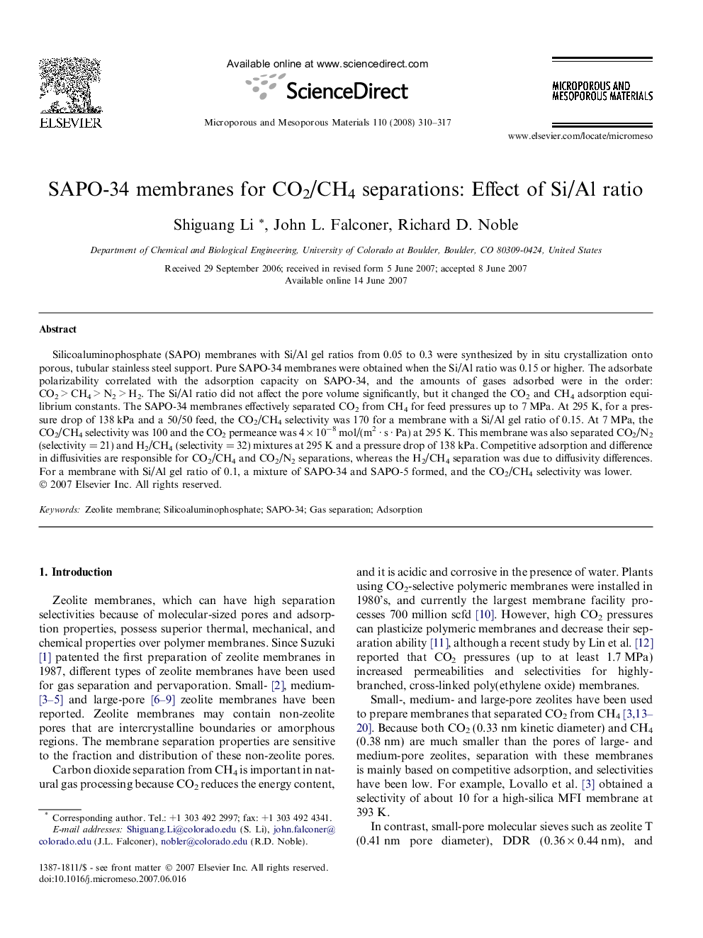 SAPO-34 membranes for CO2/CH4 separations: Effect of Si/Al ratio