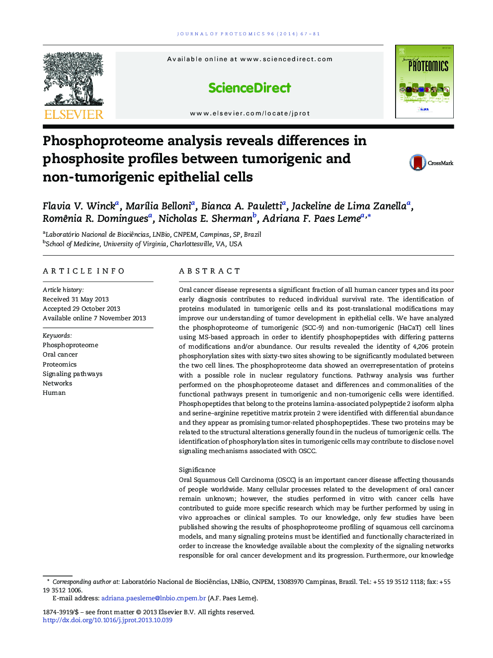 Phosphoproteome analysis reveals differences in phosphosite profiles between tumorigenic and non-tumorigenic epithelial cells