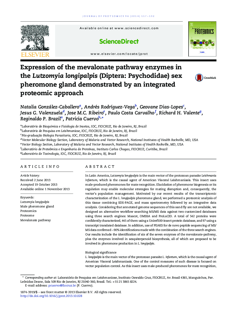 Expression of the mevalonate pathway enzymes in the Lutzomyia longipalpis (Diptera: Psychodidae) sex pheromone gland demonstrated by an integrated proteomic approach