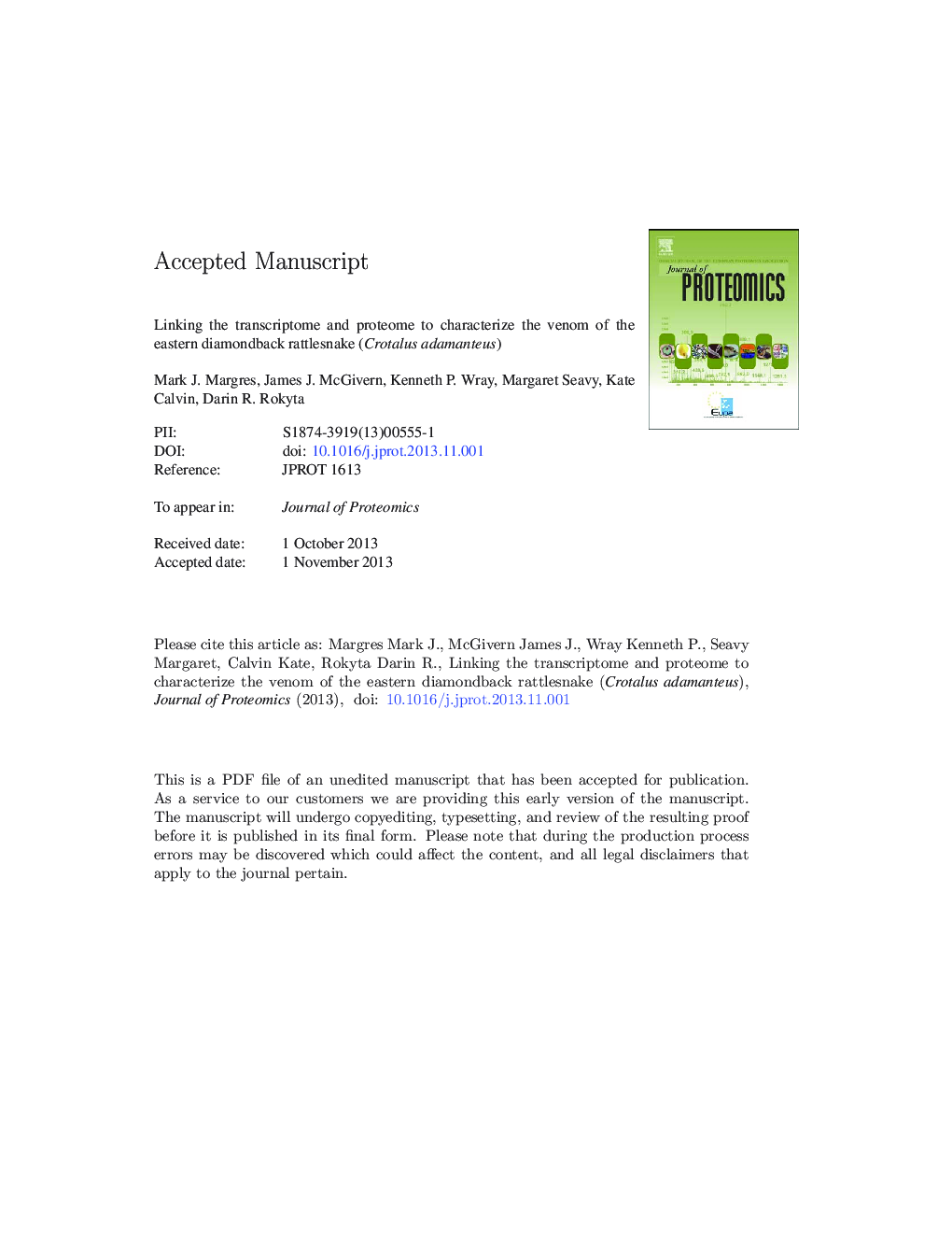 Linking the transcriptome and proteome to characterize the venom of the eastern diamondback rattlesnake (Crotalus adamanteus)